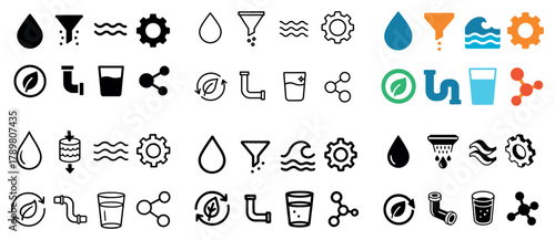 Water purification icons set in various styles