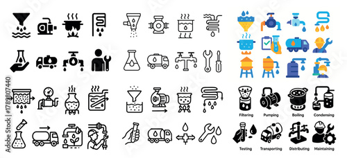 Industrial process icons: filtering, pumping, boiling