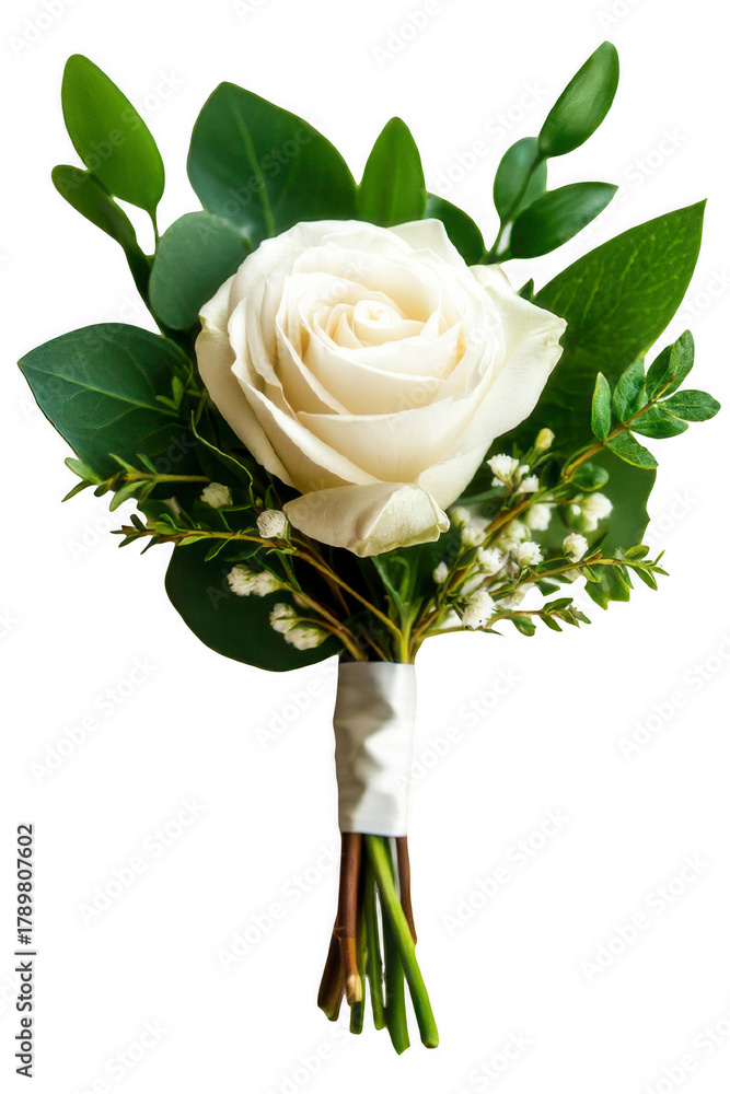 Fototapeta premium Elegant White Rose Boutonniere with Lush Greenery