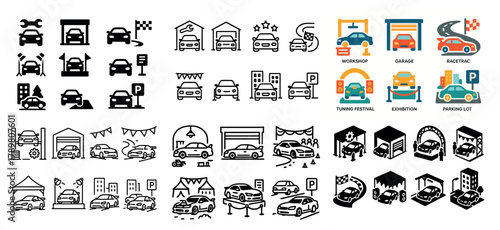 Car icons set: workshop, racetrack, garage, parking