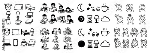 Bedtime routine icons: sleep, reading, night, relax