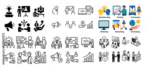 Business strategy icons set with people and charts