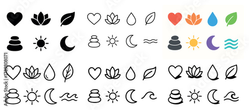 Set of nature and wellness symbols in various colors
