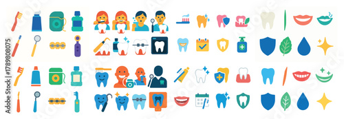 Colorful dental care icons set with toothbrushes