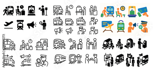 Transportation icons set with trains and people
