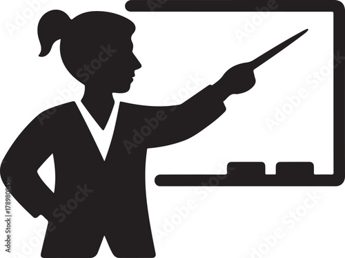 Silhouette of a teacher pointing to a whiteboard icon