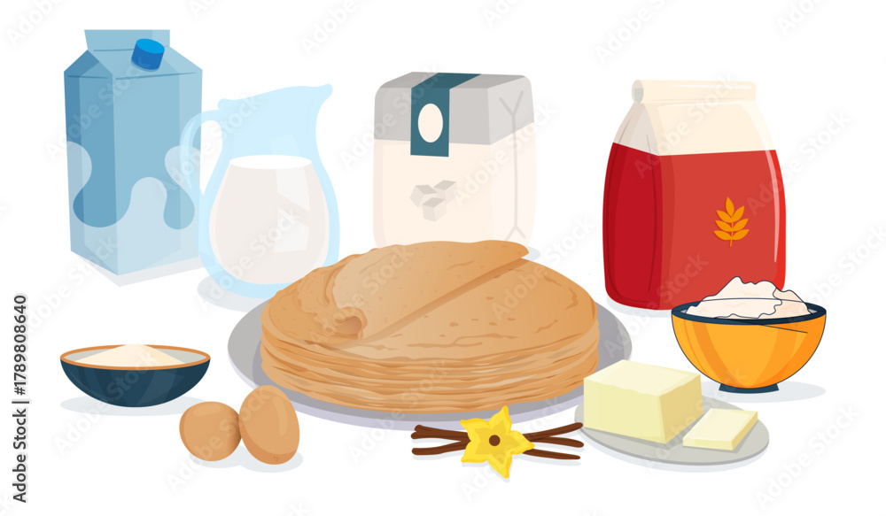 Obraz premium Crêpes et ingrédients pour la Chandeleur – illustration vectorielle