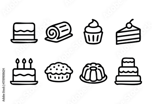 A variety of desserts is shown, including a tall cake, a rolled cake, cupcakes, a slice of cake, a pie, a bundt cake, and a multi-tiered cake, perfect for any festive occasion.