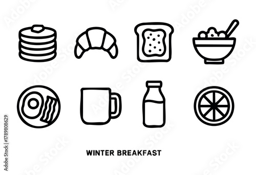 Different food items typically enjoyed during a winter breakfast are displayed including pancakes, croissants, toast, cereal, bacon, and drinks like milk and coffee.