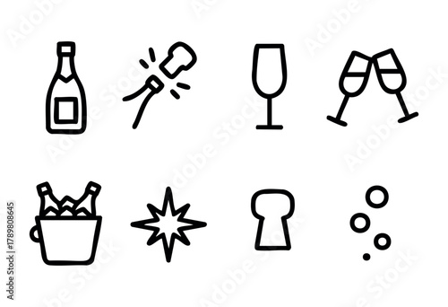 Bubbly drinks and toasting glasses highlight a joyful celebration. Various symbols represent the festive atmosphere and enjoyment shared among friends during a special occasion.