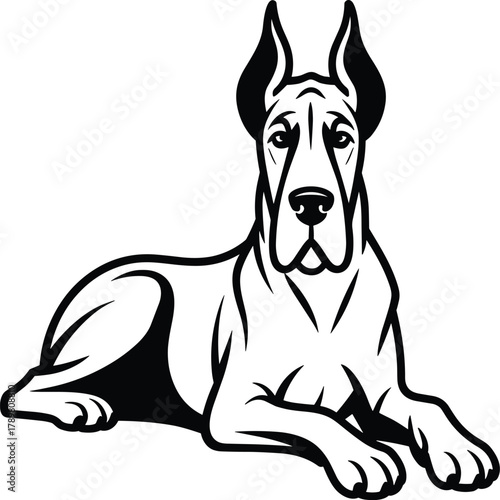 Black and white illustration of a Great Dane dog lying down