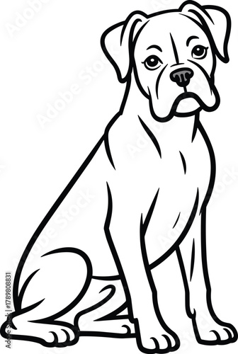 Black and white illustration of a boxer dog sitting