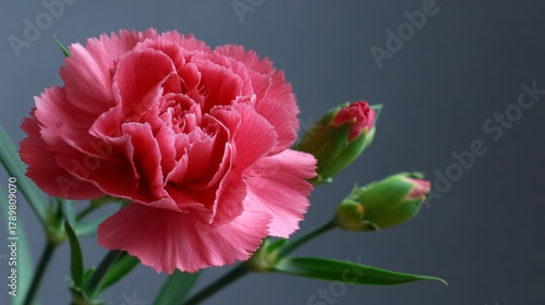 Vibrant pink carnation bloom alongside budding flowers in a soft morning light