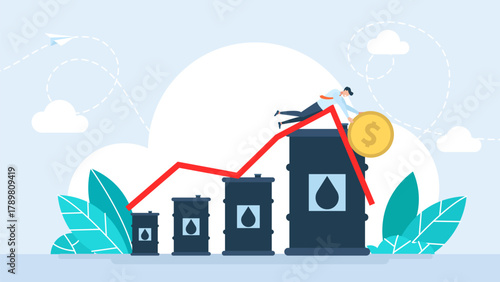 Oil price crash. Crisis and uncertainty. A trader tries to hold on to the falling oil price. Businessman buys сrude oil. Sale of petroleum products and fuels. Petroleum in barrel. Vector illustration.
