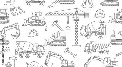 Collection of hand drawn black and white construction vehicles and equipment for building and engineering projects
