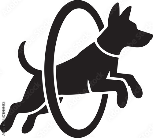 Dog jumping through hoop silhouette icon