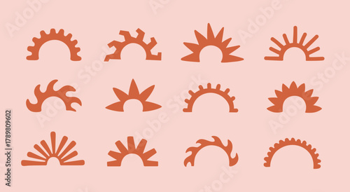 Hand drawn abstract modern sun silhouette for logo, badge, card design. Hippie style vintage sunset, sunrise vector element