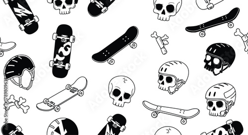 Collection of hand drawn black and white illustrations featuring skateboards and skulls with a punk rock aesthetic
