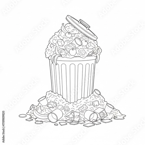 The trash can is full because of the large amount of trash. Trash is surrounding the trash can.