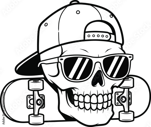 Cool skeleton skater wearing sunglasses and baseball cap holding a skateboard ready for action