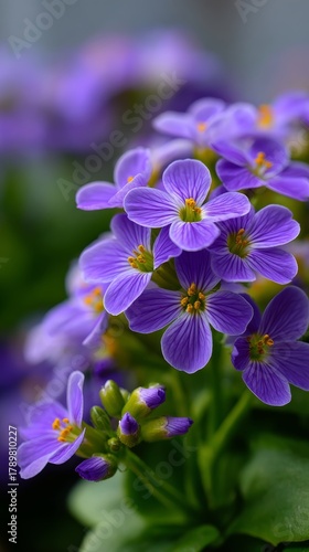 Vibrant aubrieta flowers bloom in a sunny garden, showcasing their rich purple hues and delicate green leaves during springtime