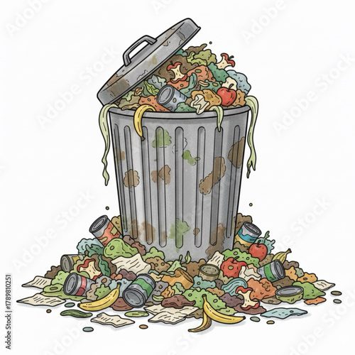 The trash can is full because of the large amount of trash. Trash is surrounding the trash can.