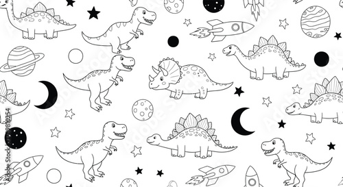 Whimsical hand drawn black and white dinosaur pattern with moons stars and planets for children s fabric and decor