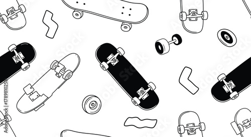 Collection of hand drawn skateboard parts and components scattered across a white background in a dynamic artistic style
