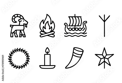 A collection of symbols representing celebration and heritage includes a goat, campfire, ship, candle, and more, showcasing diverse cultural themes.