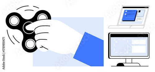 Hand spinning a fidget spinner with focus on movement, paired with computer screen and software. Ideal for focus, relaxation, multitasking, technology, productivity, stress management, simple flat