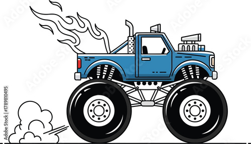 Cartoon illustration of a powerful blue monster truck with large wheels and flames coming from the exhaust pipe