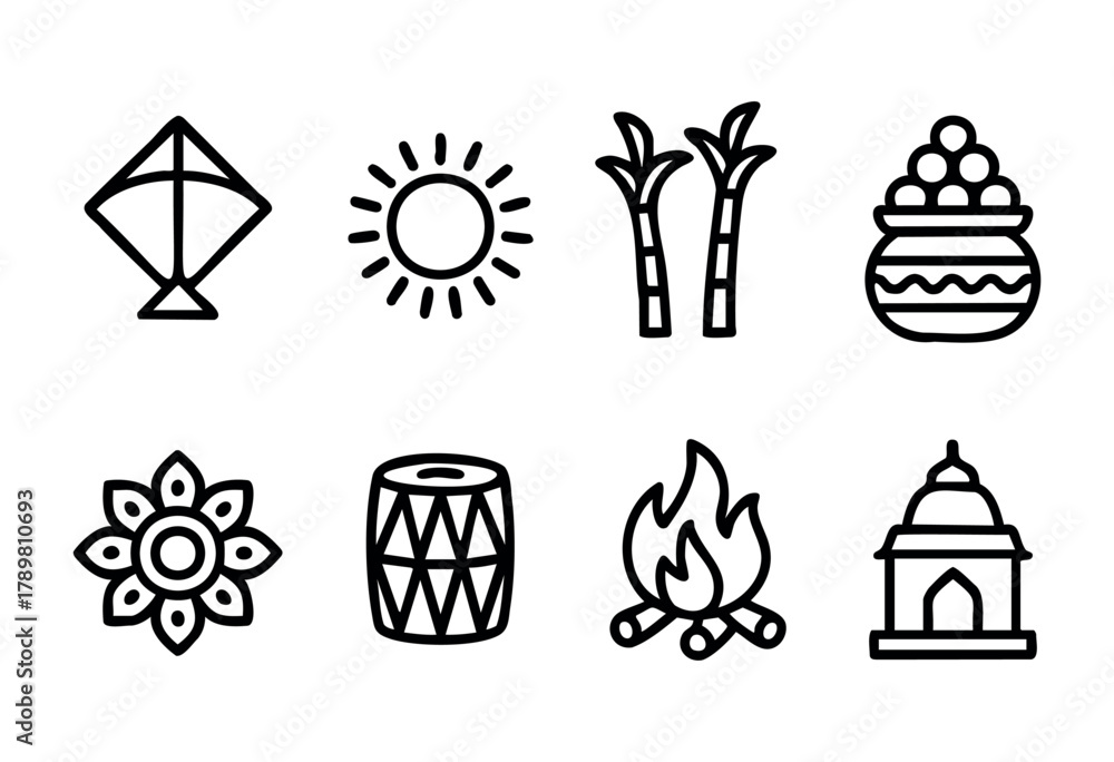 Fototapeta premium Various symbols depict the spirit of celebrations, featuring a kite, sun, sugarcane, and a fire, all representing joy and community gatherings during festive times.