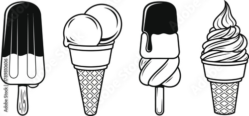 Collection of four hand drawn black and white illustrations of various frozen desserts including ice cream cones and popsicles
