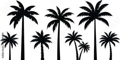 Collection of diverse black palm tree silhouettes against a clean white background ideal for tropical design elements