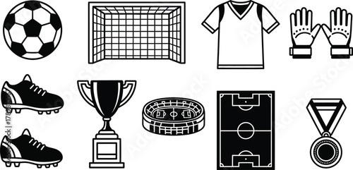 Collection of soccer sport equipment and symbols including ball goal jersey cleats trophy stadium field and medal for sports and competition