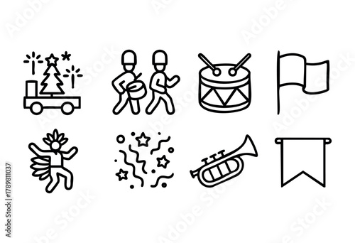 Colorful scenes of a holiday parade featuring musicians playing instruments, dancers in festive attire, and decorated floats. Excitement fills the air with confetti and a celebratory spirit.