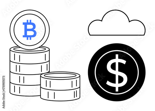 Stacked Bitcoin coins, dollar coin, cloud connectivity representing digital, decentralized economy. Ideal for cryptocurrency, fintech, blockchain, cloud service, finance e-commerce digital economy