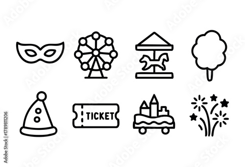 Set of graphic symbols representing a fair, featuring a ferris wheel, carousel, cotton candy, ticket, and party hat among other festive items. Perfect for event planning or marketing.