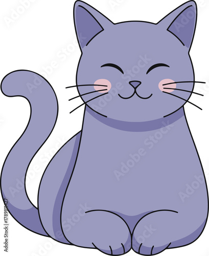 a cute, solid purple-gray cat with pink rosy cheeks, sitting happily with its eyes closed in a peaceful smile.