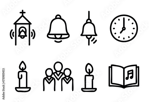 Various simple icons depict elements of a church service. The icons include bells, candles, a clock, and people, symbolizing time, worship, and community.