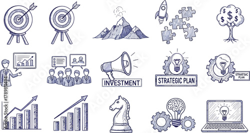 Hand Drawn Business Finance Icons, Targets, Puzzles, Diagrams on White Background