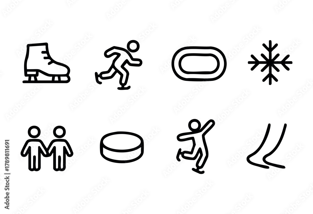 Fototapeta premium Various icons depict activities related to ice skating, including an ice skate, a person skating, a hockey puck, and a snowflake, designed in a minimalistic style.