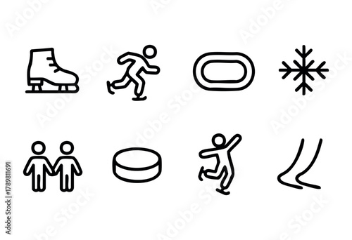 Various icons depict activities related to ice skating, including an ice skate, a person skating, a hockey puck, and a snowflake, designed in a minimalistic style.