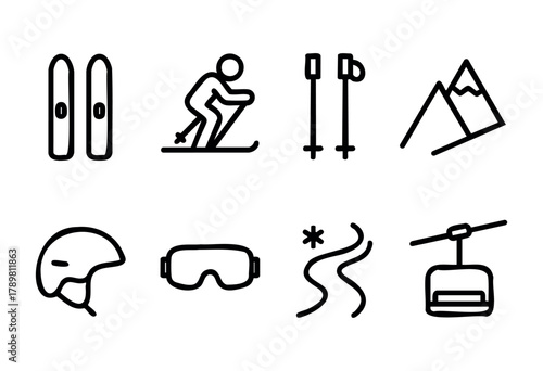 Various symbols depict elements of skiing, including skis, a skier, poles, a mountain, a helmet, goggles, and a ski lift. These symbols represent excitement and adventure in winter sports.