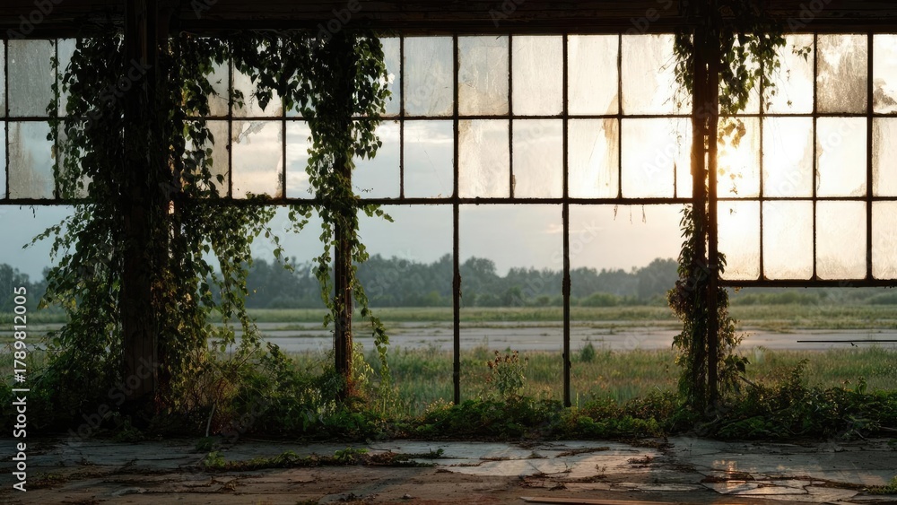 Naklejka premium An abandoned building with large glass windows overgrown by ivy, looking out onto a sunlit flat field. Concept Abandoned Building, Ivy-Covered Glass, Sunlit Field View, Ruins and Nature, Quiet Decay