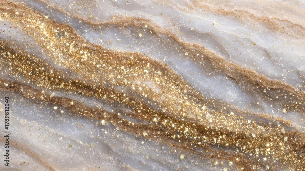 Obraz premium Gold glitter and specks along brown veins on a gray marble surface. Concept Gold glitter accents, Gray marble texture, Brown veining, Metallic sparkle, Close-up details