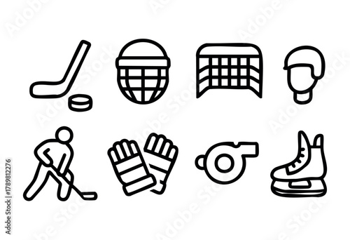 A collection of minimalist hockey icons features a stick, puck, player, helmet, gloves, goal, referee whistle, and skates. This simple design captures the essence of the sport.