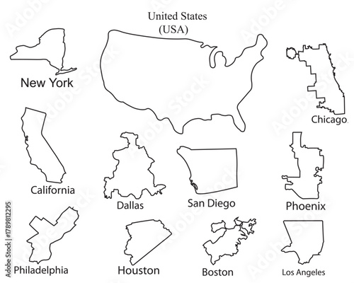 United States USA Outline Map and Major City Boundaries Vector Set, Black and White Silhouette