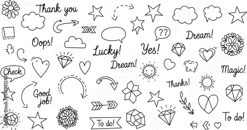 Hand Drawn Doodle Elements Collection; Arrows, Stars, Hearts and Lettering on White