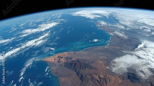 Satellite view of the NW African coast with the Sahara inland, rugged mountains, and turquoise Atlantic waters. Concept NW Africa coast, Sahara interior, Rugged mountains, Turquoise Atlantic waters